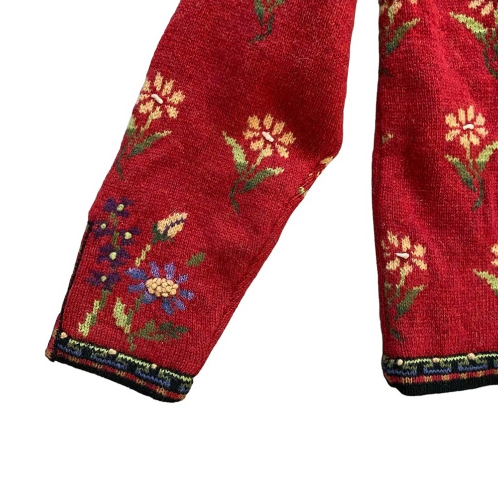 Icelandic Designs Wool Floral Zip-Front Cardigan Sweater - Red - Picture 9 of 9